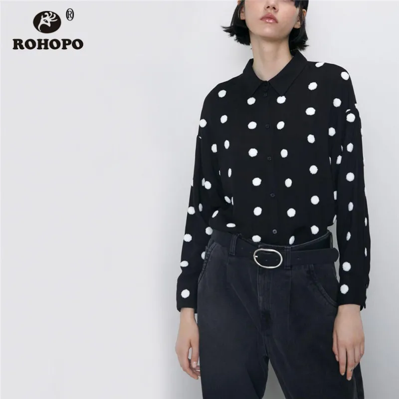 ROHOPO белая блузка в горошек с вышивкой и длинными рукавами черная блуза