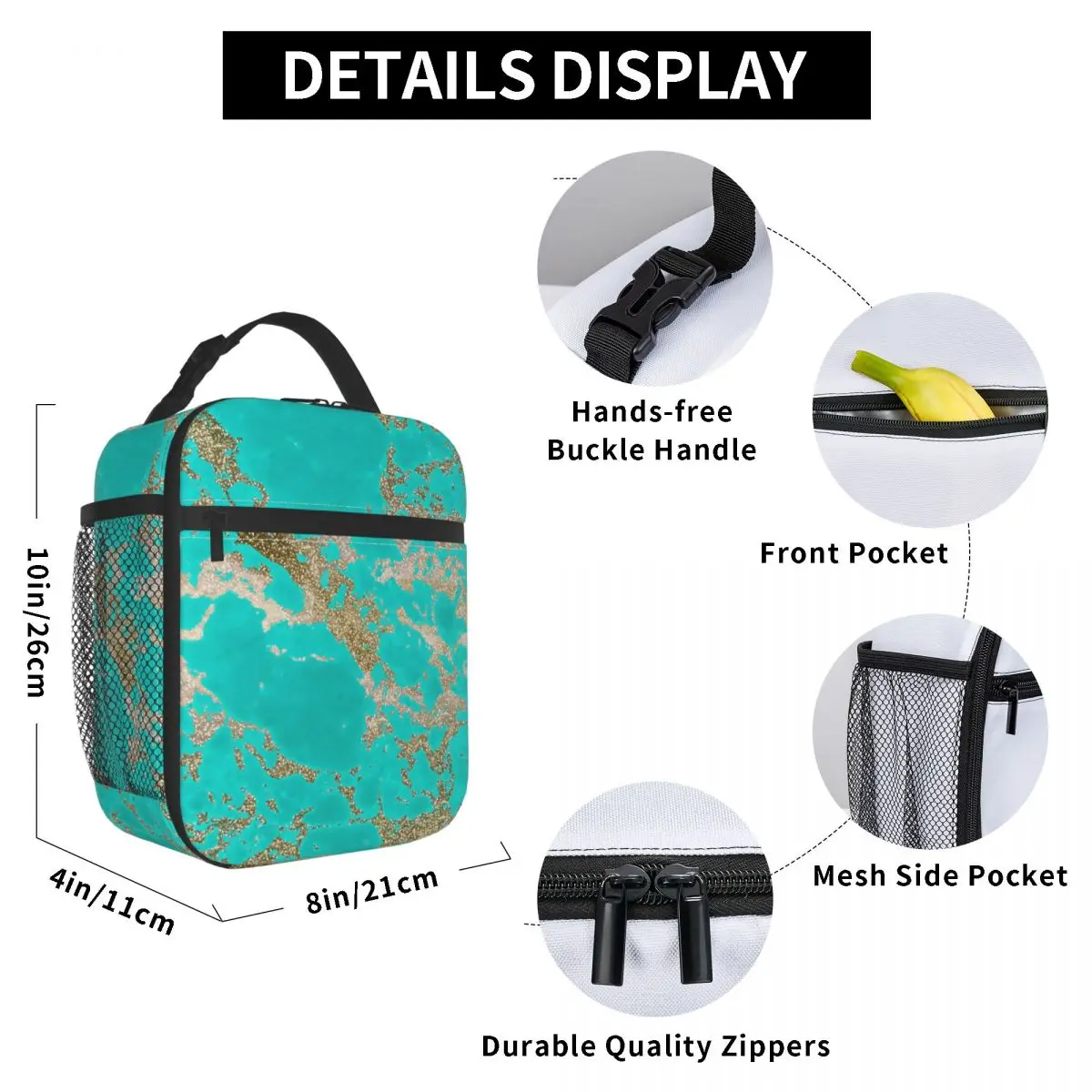 

Gold Glitter Marble Lunch Bag for Women Men Large Insulated Lunch Box with Water Bottle Holder and Pockets