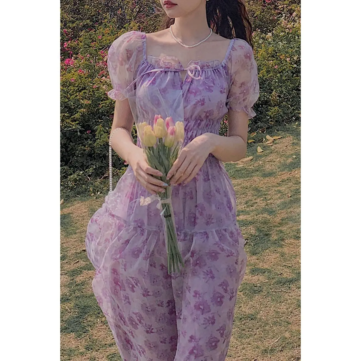 

2021 Summer Elegant Sweet Dress Chiffon Lace Floral Dress Square Collar Beach Fairy Dress for Females Korean Style Bow Design