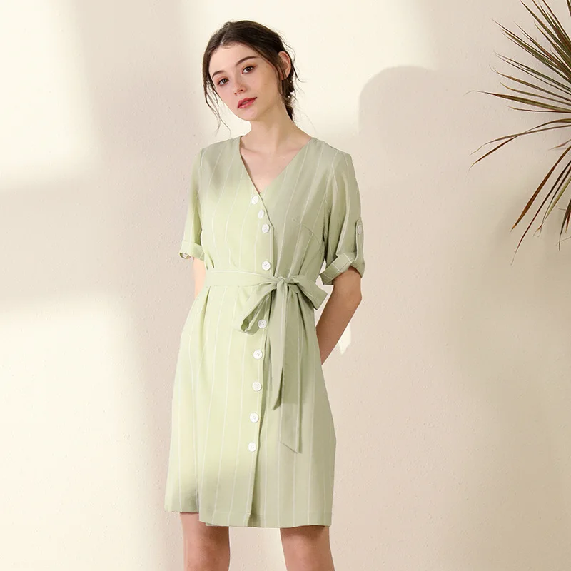 

2021 new women's summer simple temperament high waist short sleeve Platycodon A-line skirt striped dress