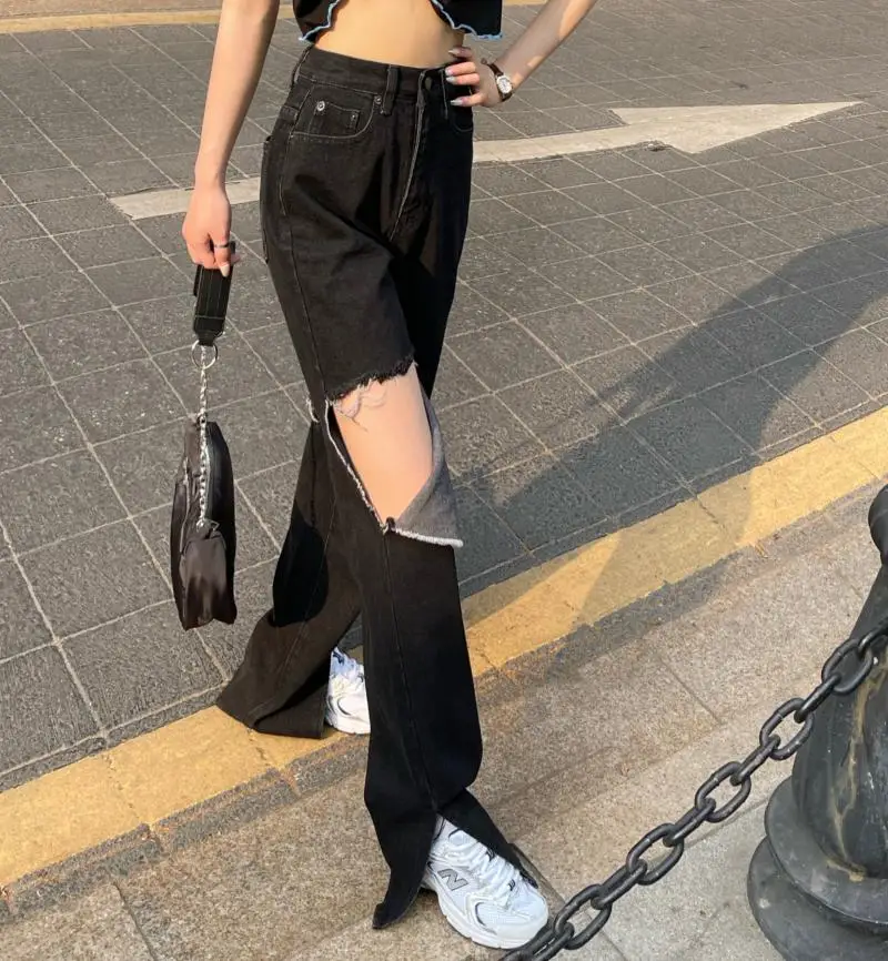 

Harajpoo Women Pants 2021 Spring Autumn Korean INS Trendy Girls High Waist Straight Casual Loose Vintage Hole Split Denim Jeans