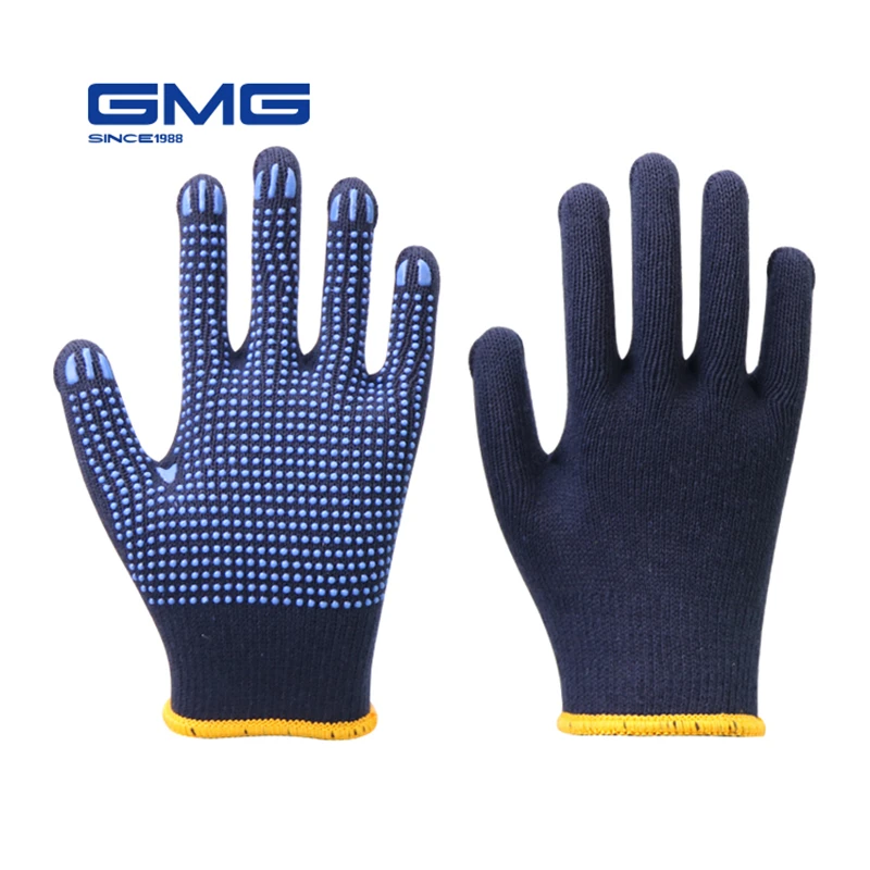 

Professional Working Gloves GMG Navy Blue Polycotton Shell Blue PVC Dots Coating Work Safety Gloves Cotton Gloves