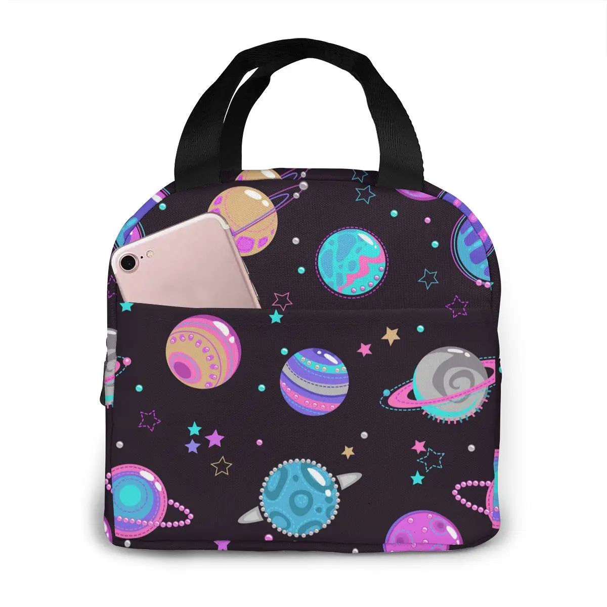 

Cartoon Astronaut Space Ship Canvas Portable Cooler Lunch Bag Fashion Thermal Food Bags Food Picnic Lunch Box for Men Women Kids