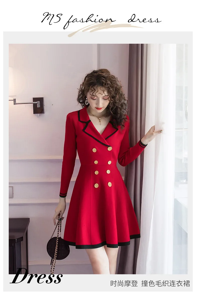 

office 2019 Spring Summer Plus Size Suit Collar Double Breasted Knot Dress Women Vintage Red Black Mini Party Dress Women