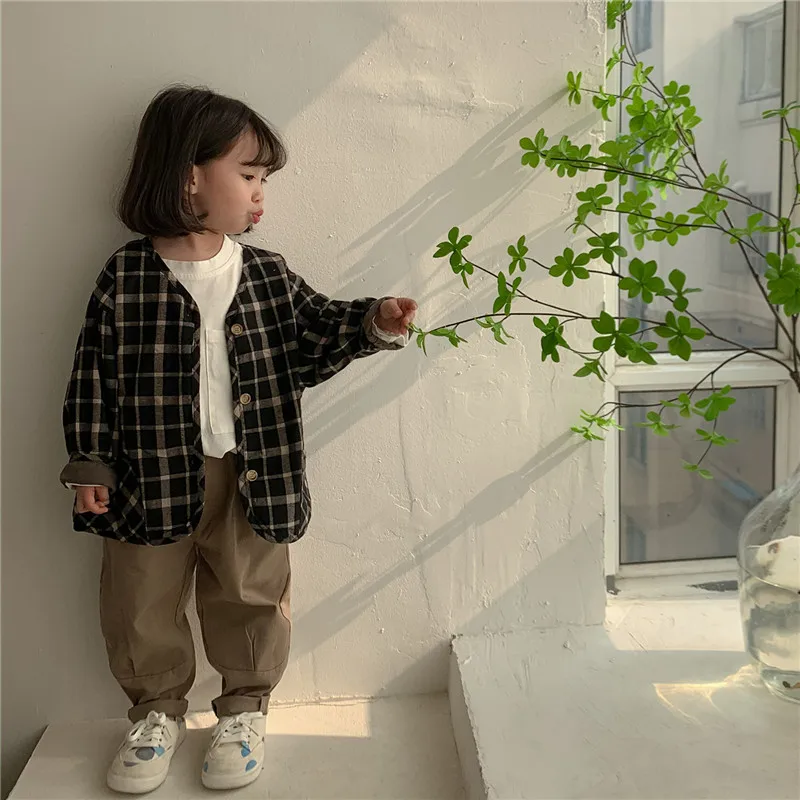 

Girls Boys Baby's Coat Jacket Outwear Black Plaid Cotton linen Thicken Spring Autumn Warm Tracksuit Children's Clothing