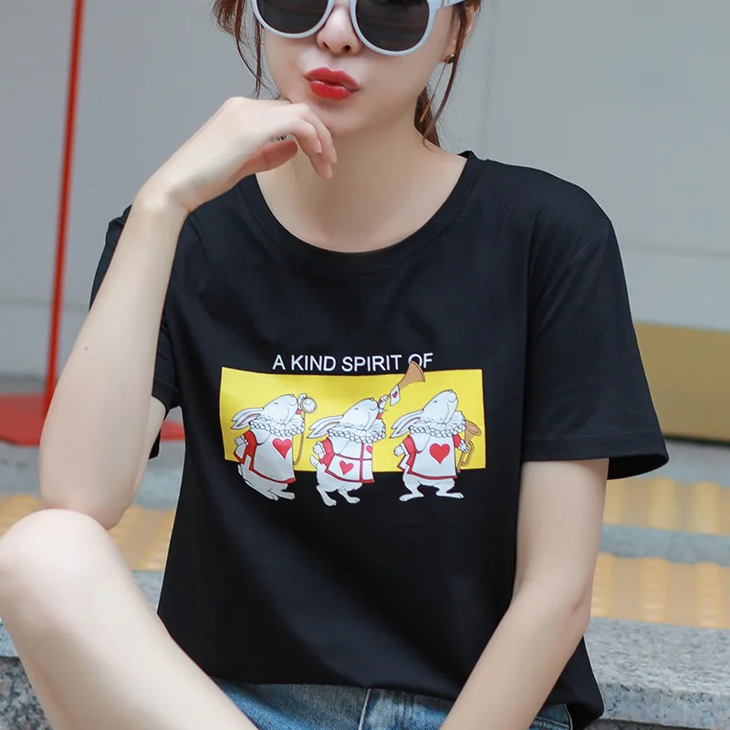 Весна 2020 женская футболка новая черная с принтом кролика Ovesize Harajuku повседневная