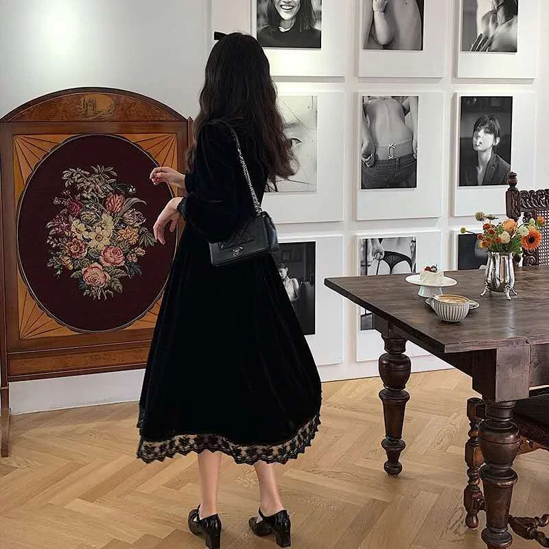 French Vintage Dress Women Lace Velvet Black Elegant Party Dress Female Autumn 2020 High Waist Long Sleeve Midi Gothic Dress