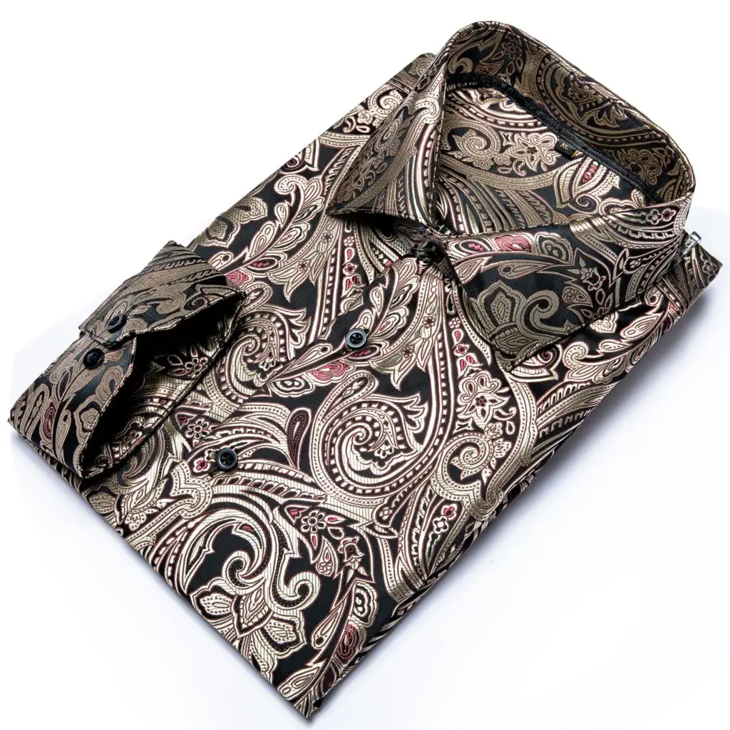 Hi-Tie Silk Jacquard Mens Shirts Long Sleeve Brown Floral Men Shirt Slim Fit For Male Dress Jeans Casual Leisure Business XXXL