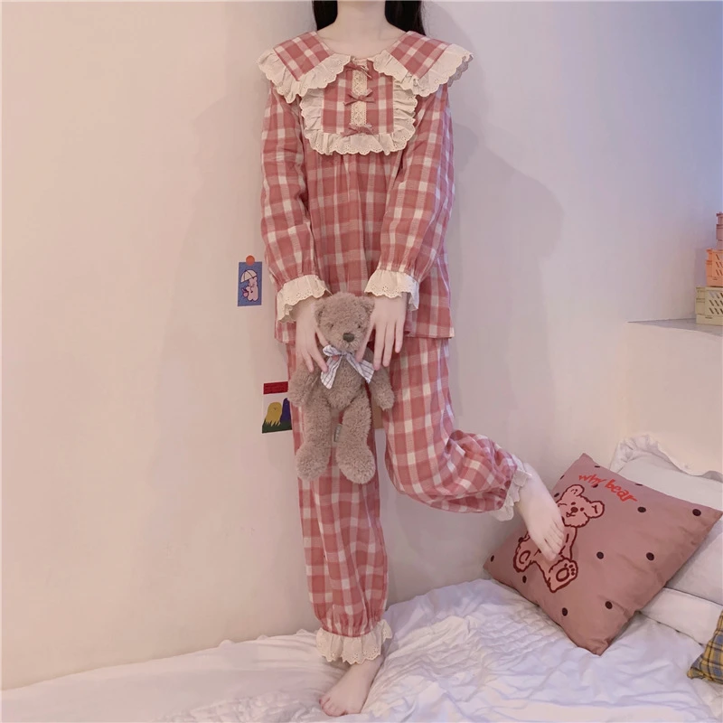 

Women's Pajamas Set Check Bow Embroidered Ruffled Long Sleeve Pajamas Loose Comfortable Homewear Two-piece Set JJF0031