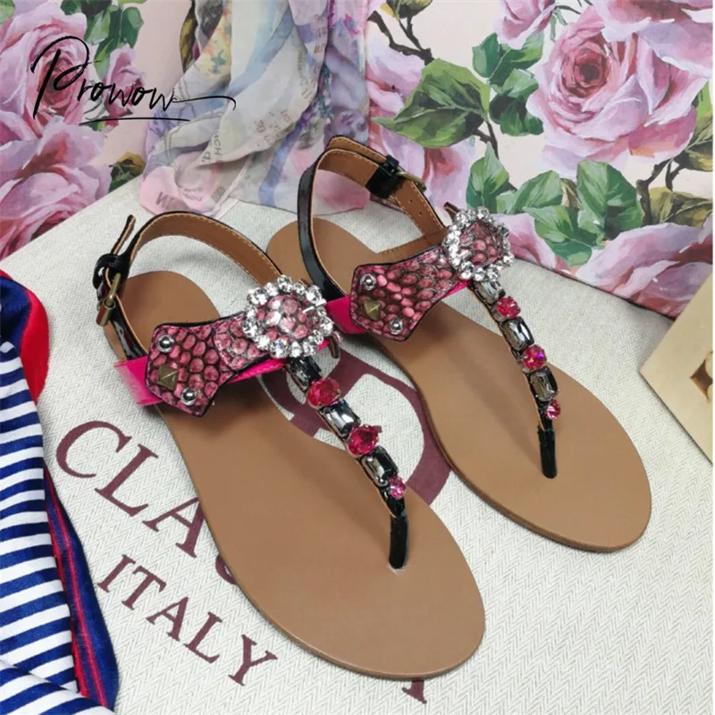

Prowow New Fashion Style Genuine Leather Women Summer Sandals Crystal Buckle Strap Ladies Flat Sandals Casual Beach Shoes Woman