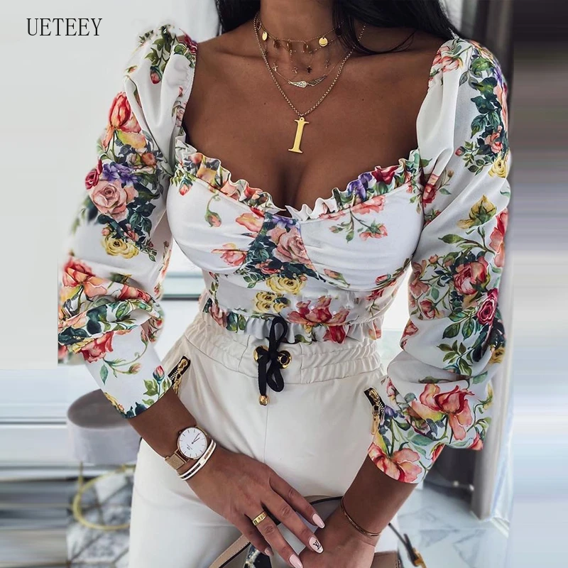 

UETEEY 2020 New Spring Floral Print Low Cut Square Neck Blouse Tops Women Long Sleeve Casual Blouses Streetwear