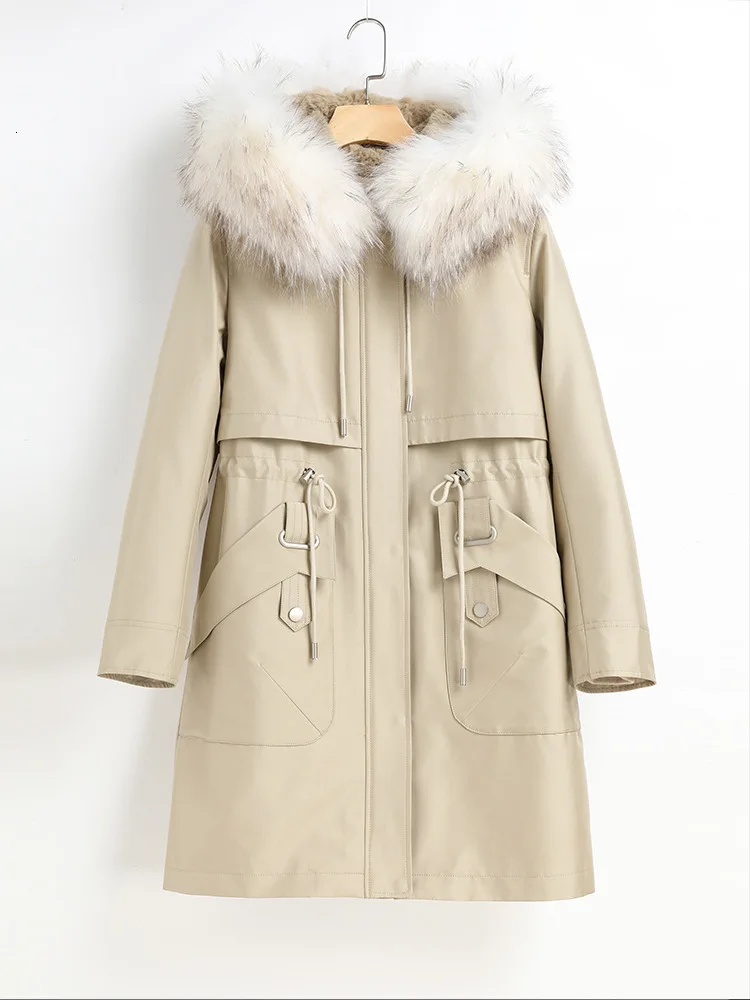 2020 большая длинная куртка с капюшоном и натуральным енотовым воротником Женское