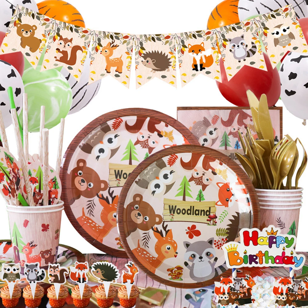 

Jungle Animal Party Tableware Woodland Party Disposable Tableware Set Cups Plates Forest Animals Birthday Party Decorations