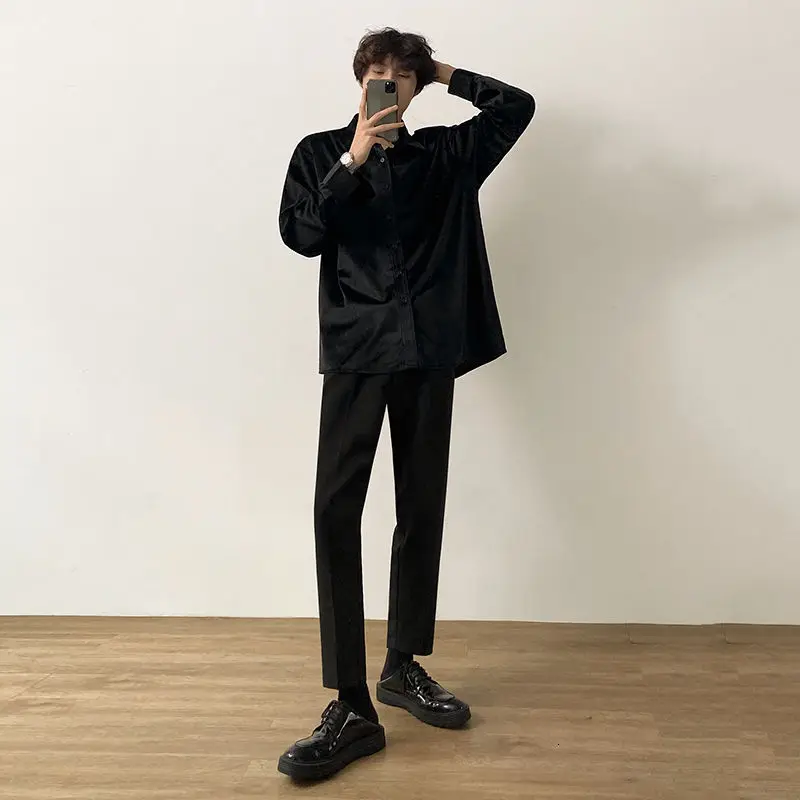 

2020 Autumn And Winter New Youth Popular Men's Pure Color Loose Simple Single-breasted Long-sleeved Shirt Fashion Casual Top