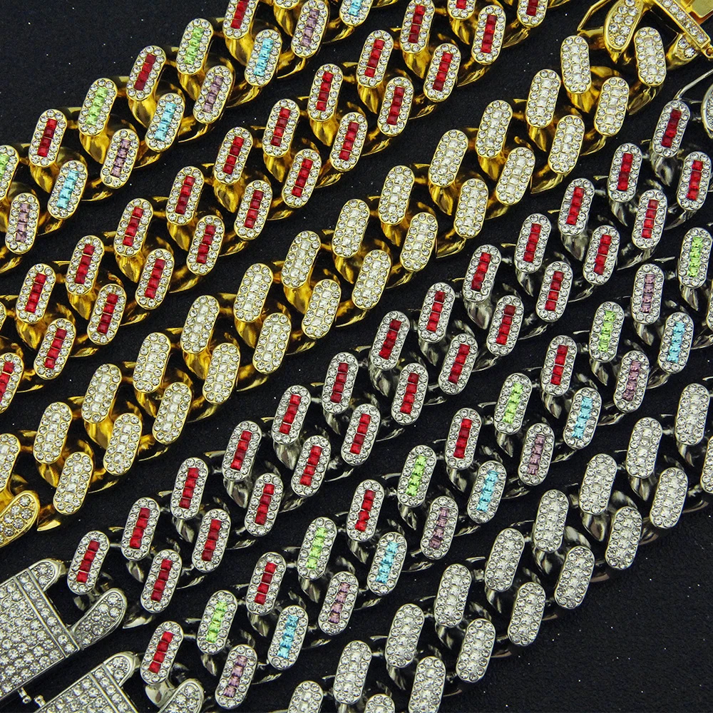 

Multi-color Width Iced Out Rhinestones 22MM 8inch Gold Miami Prong Cuban Link Chain Bracelets For Men Hip Hop Jewelry