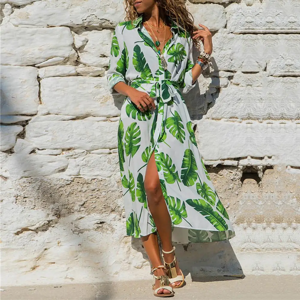 Модное женское платье с цветочным принтом длинный рукав отложной воротник