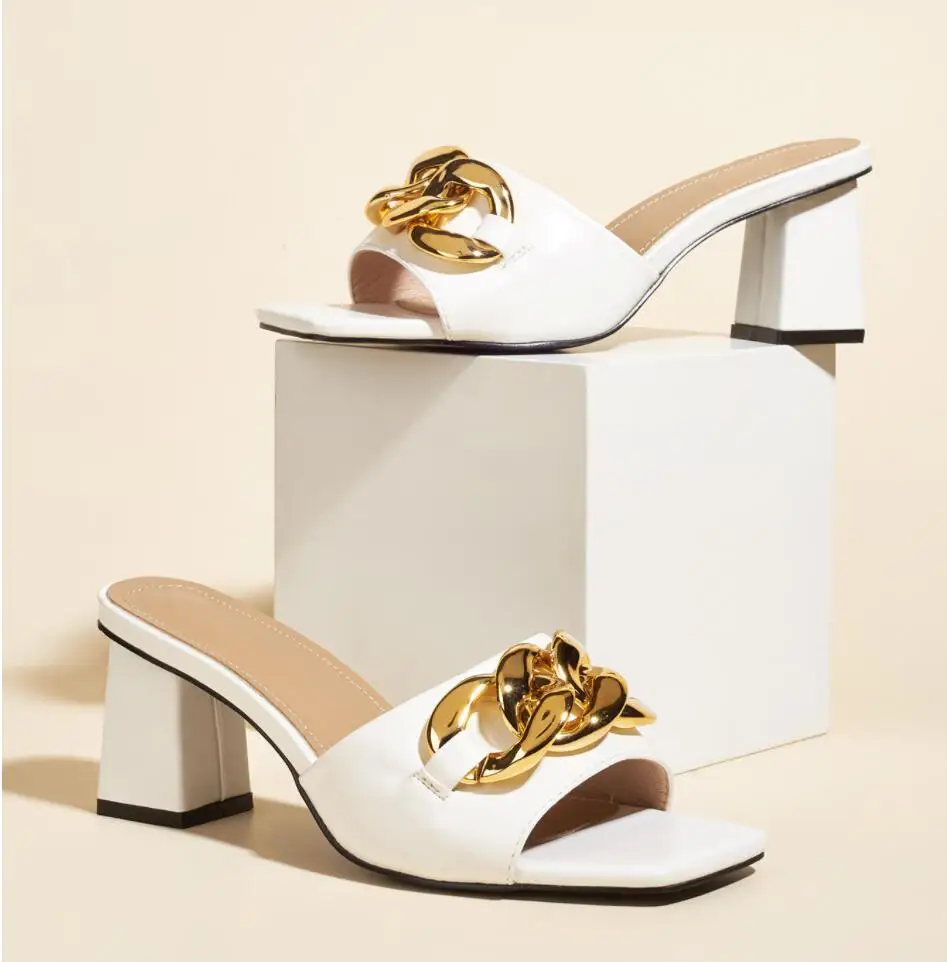 

2022 Female Sandals Sexy Metal Chain Summer Slippers Ladies High Heels Square Open Toe Mules Slides Party Shoes Women Sandals