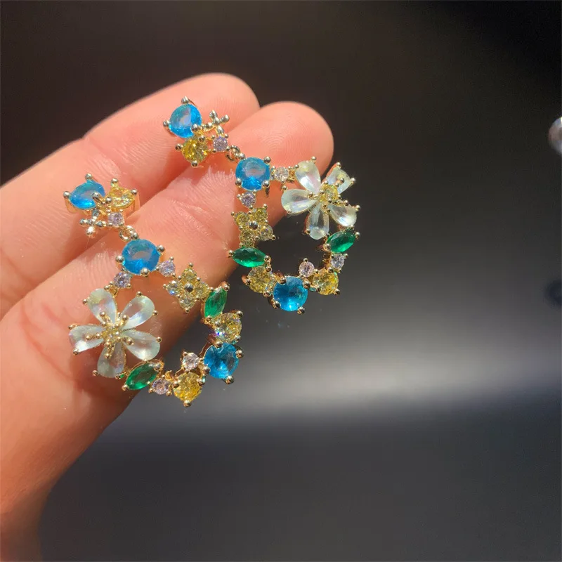 

Green Crystal Flower Earrings Women Fashion Water Drop Earring Sweet Statement Wedding Party Jewelry Cubic Zirconia Earrings