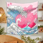 Розовый гобелен Kanagawa в виде волн, настенный подвесной милый настенный гобелен для гостиной, спальни, спальни, украшение для спальни, эстетичный настенный гобелен