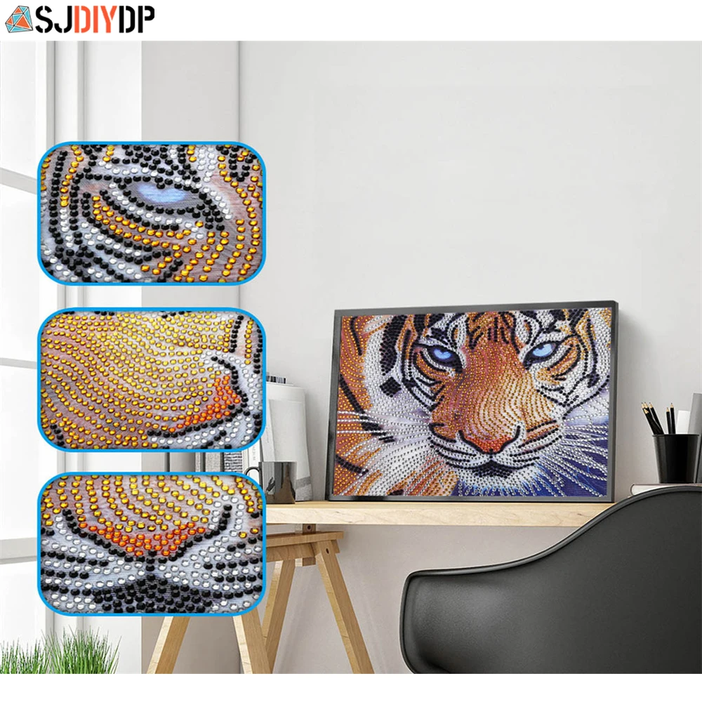 

SJDIYD 5D Diamond Painting Special Shaped Tiger Animal Diamond Mosaic Partial Rhinestone Cross Stitch Kits Cat Home Decor