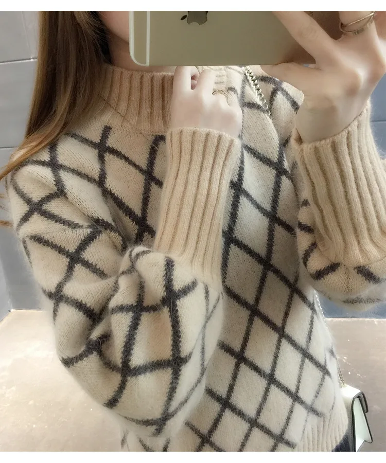 Korean casual long-sleeved Thick striped plaid sweater 2019 Winter autumn turtleneck retro Sweater Women Knitted female | Женская одежда