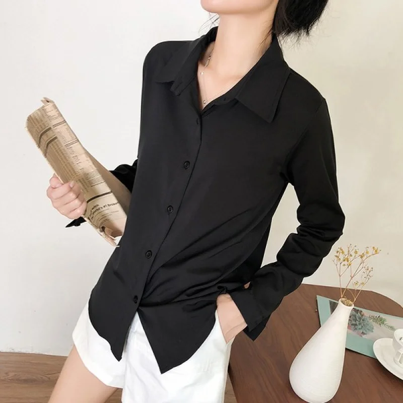 

Long Sleeve Women Blouse Fashion Chiffon Summer Comfortable Leisure Solid Color Lapel Cotton Loose Korean Top Houthion
