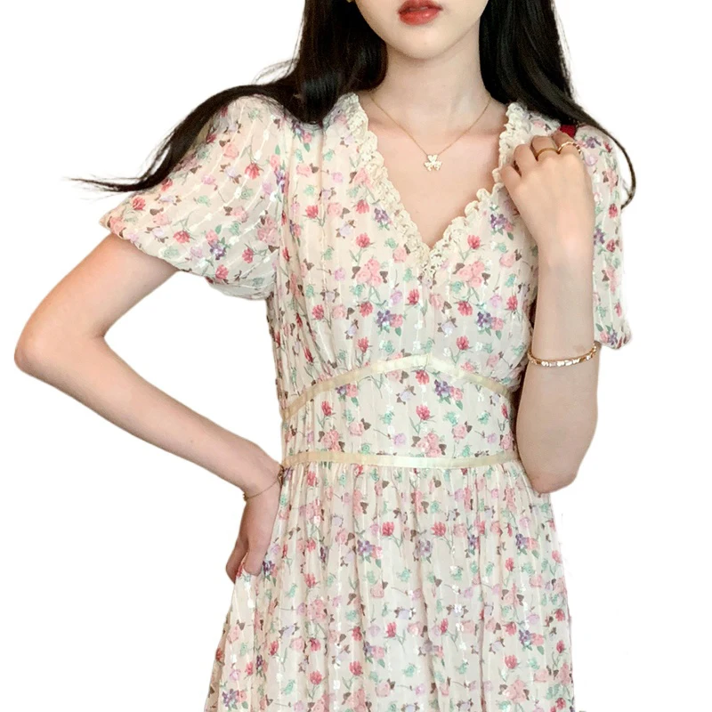 

Women Casual Vintage Midi Dress One Piece Dress Korean Short Sleeve Elegant Dress Beach Floral Design Lace -Up 2021 Summer Chic