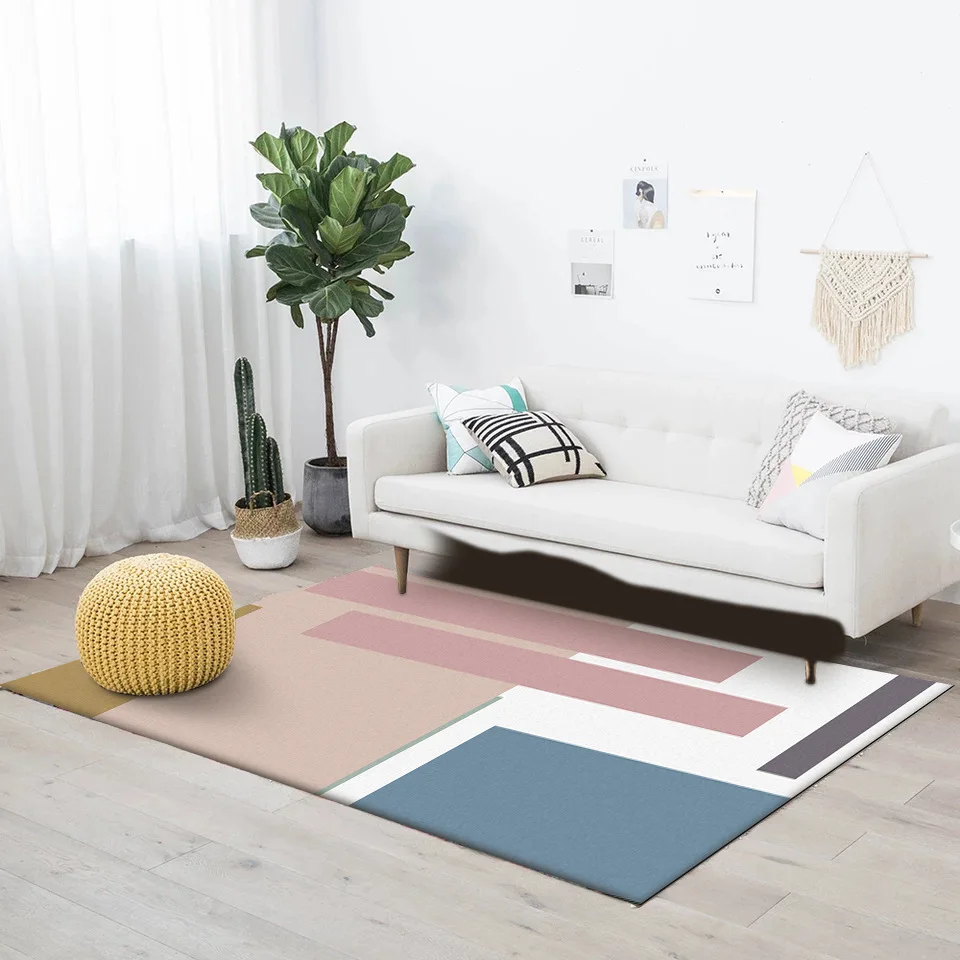 

200*300cm Fashion Modern Nordic Morandi Blue Pink Geometric Square Living Room Bedroom Kitchen Bedside Carpet Floor Mat