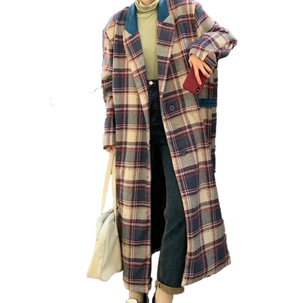 

Korean Version Japanese Overcoat Autumn Winter Fashion Lattice Retro Lapel Long Sleeve Long Woolen Cloth Overcoat