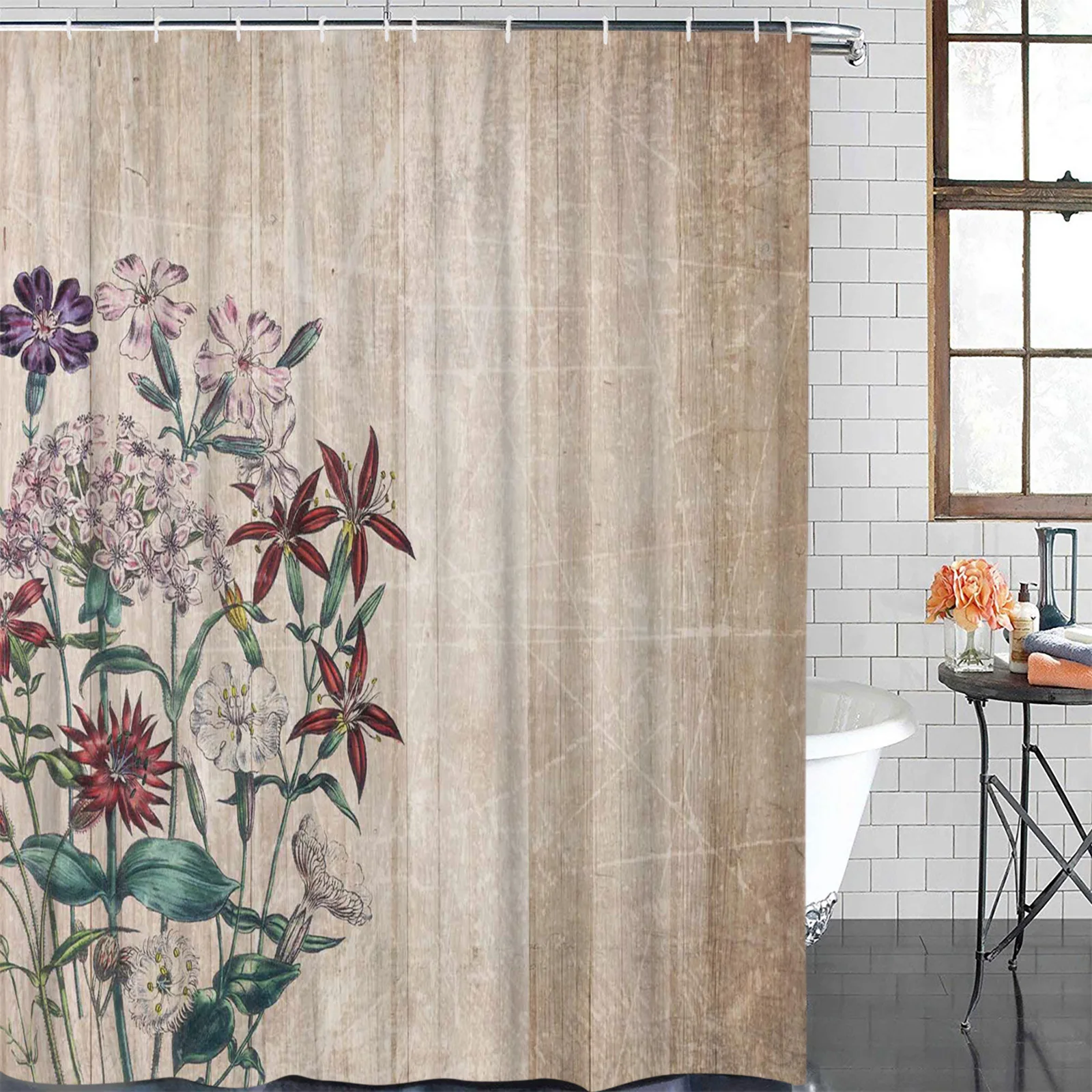 

Retro Flower Wood Grain Shower Curtain Polyester Fabric Bathroom Home Decor Waterproof Shower Curtains with Hooks