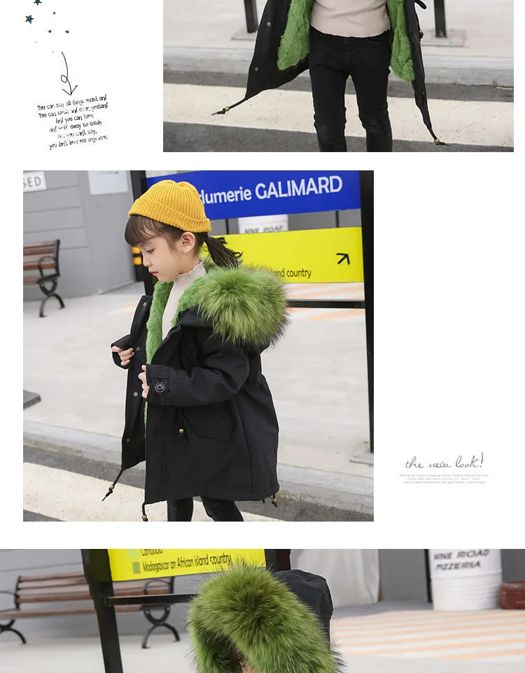 Army Green Coat Fur Jacket Girls Winter Clothes Rabbit Fur Kids Parkas Real Raccoon Fur Hooded Children Jacket For Girls TZ90