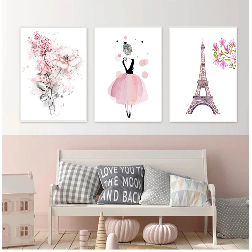 

Pictures for Girl Kids Room Decoration Home Decor Watercolor Pink Princess Paintings Canvas Flowers Wall Art Pairs Poster Nordic