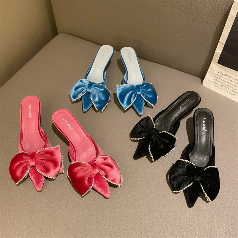 

Fashion Women Slippers Pointed Toe Flock Big Bow Design Shallow Slip On Thin Low Heels Black Blue Pin Casual Slides Mules Shoes