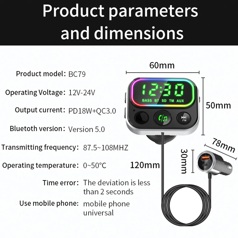 Автомобильный FM-передатчик Bluetooth 5 0 18 Вт PD Type-C 2 порта USB3.0 зарядное устройство для