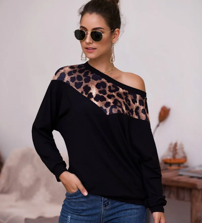 Women Long Sleeve T-Shirt Fashion Loose Thermal Leopard Patchwork Autumn Shirt Vintage Style Different Size For Choice | Женская одежда
