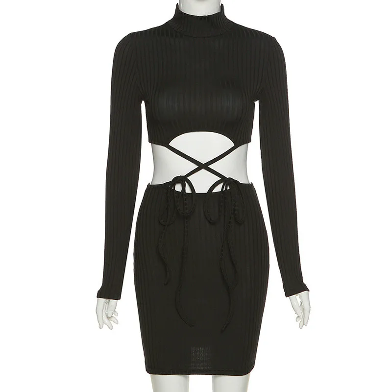 

Bodycon Hollow Out Women 2 Pieces Sets Biker Shorts and Top Ribbed Bandage Sexy Skinny Short Sleeve Solid Tracksuits Set G1898