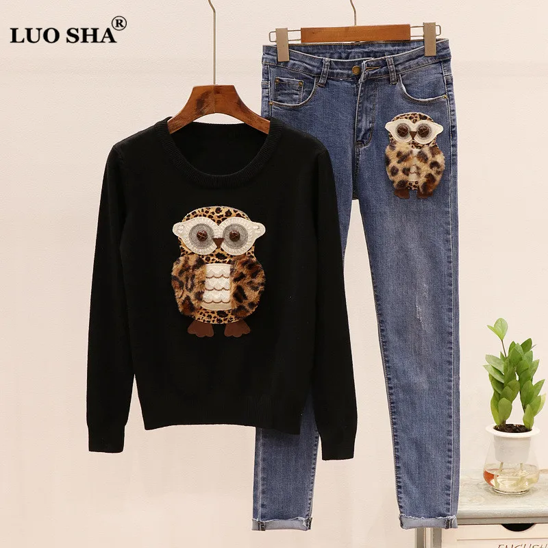 black suit LUOSHA, комплект из двух предметов, женский осенний трикотажный пуловер, свитер и джинсовые штаны, комплект из 2 предметов, спортивный костюм, женский костюм - Цвет: black suit