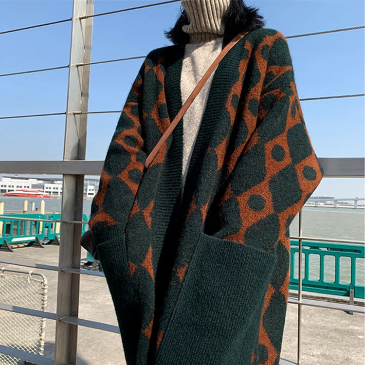 

2021 Autumn Winter Women's Sweater Big Pockets Fashionable Oversize Contrasting Long Cardigans Korean Mature Style Trendy Wear