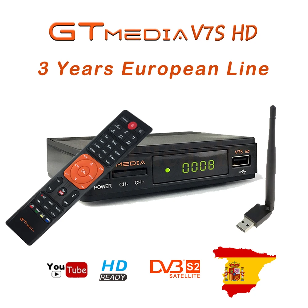 Испания gtmedia v7s спутниковый ТВ приемник DVB S2 USB WIFI питание от Freesat receptor 3 года Европа