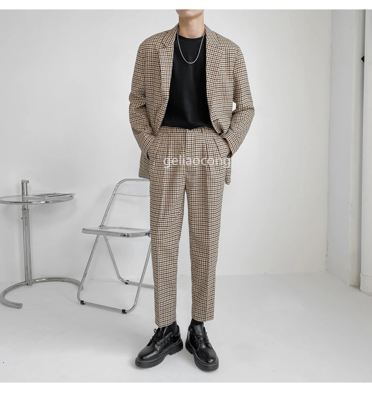 New Popular Two Buttons Houndstooth Groom Tuxedos Notch Lapel Groomsmen Mens Wedding Suits Blazers 2 Piece (Jacket+Pants+Tie)