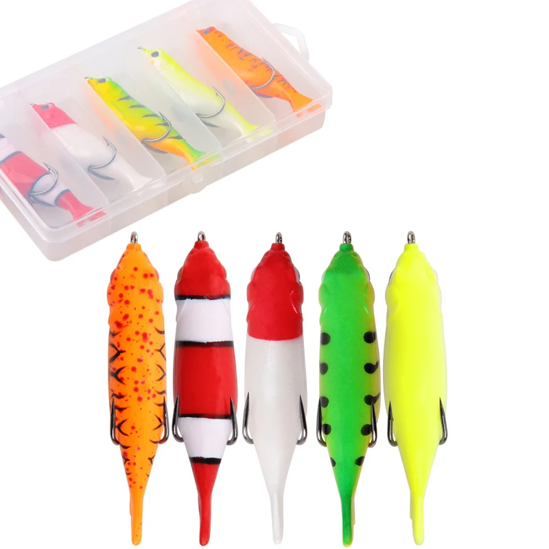 

5pcs/box 12.4g soft silicone Fishing frog Lures Snakehead Lure Top water Frogs Bait with double hooks for trout bass fishing