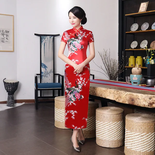 

Женское облегающее длинное платье Ципао с принтом павлина, пикантное китайское платье с высоким разрезом, вечернее платье с коротким рукав...