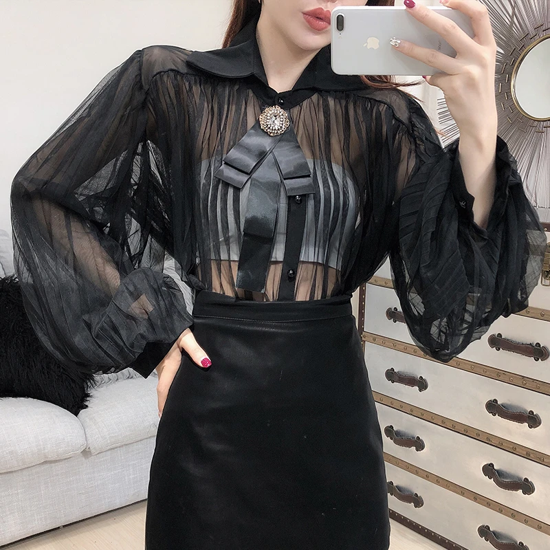 Новинка 2020 женская шифоновая Свободная рубашка с длинными рукавами фонариками