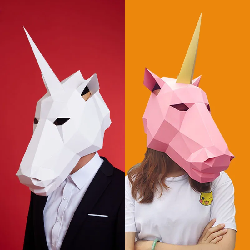 Белый Розовый Единорог 3D Бумажная Маска Головной убор модель карты строительные