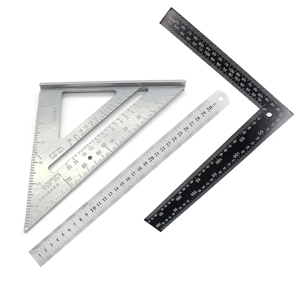 

12" Metal Roofing Rafter Square+ 7" Aluminum Triangle Rule &30cm Straight Ruler For Multiple Scenarios Double-Side Scale Tool