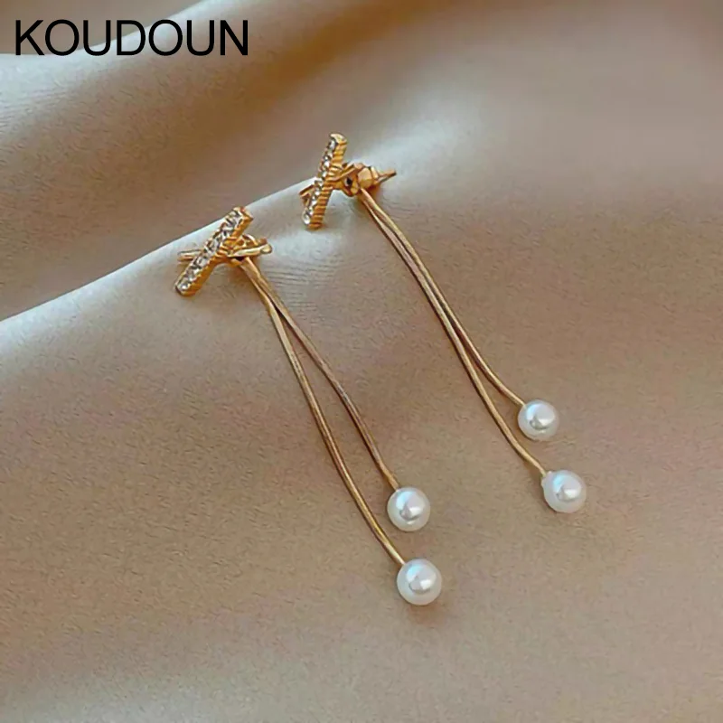 

KOUDOUN Super Fairy Long Stud Earring Female Korean Personality Cross Long Pearl Earrings Female Micro-inlaid Exquisite Earrings