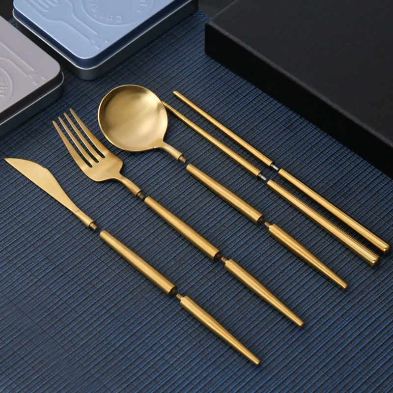 

4 Pcs/Set Portable Reusable Travel Cutlery Set Stainless Steel Knife Fork Spoon and Chopsticks with Storage Case