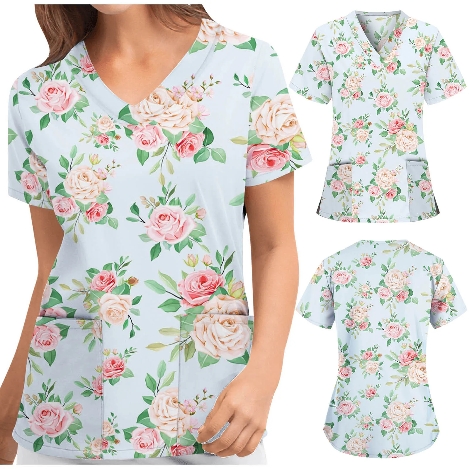 

S-2XL Women Short Sleeve V-neck Floral Pattern Tops Nursing Working Uniform T-shirts uniforme medico para mujer French gentle F4