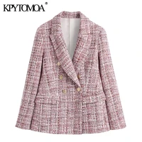 kpytomoa women 2021 fashion tweed double breasted blazer coat vintage long sleeve flap pockets female outerwear chic veste femme