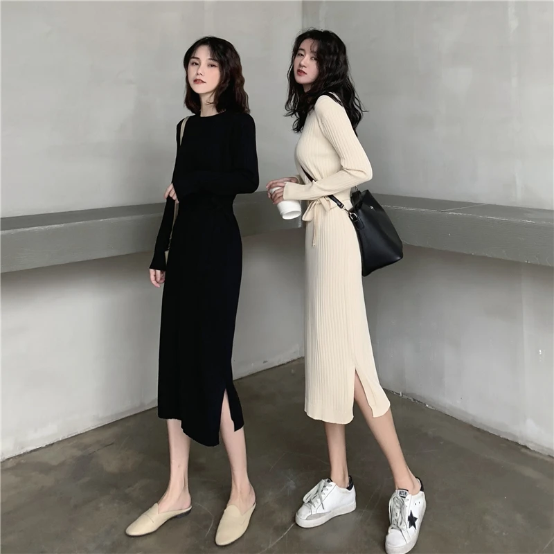 

korean style O neck long sleeve knitted dress 4301#